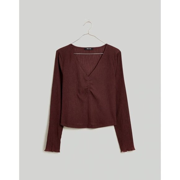 Madewell Semi-Sheer Shirred V-Neck Top in Chocolate Raisin XS mall New Womens - Picture 8 of 9